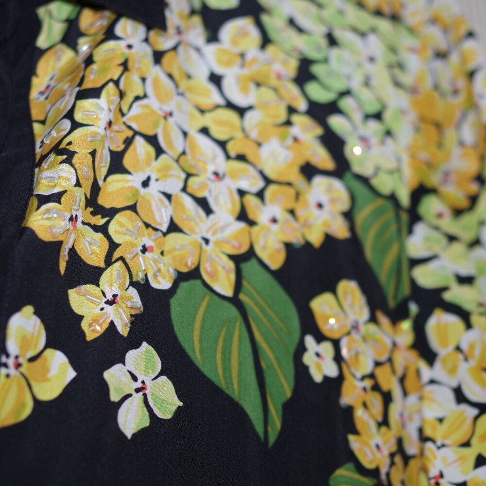 Bob Mackie Vtg. Black Yellow Flower Silk Vintage Long Sleeve Button Beaded Top L - Picture 3 of 7
